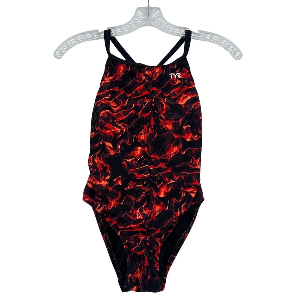 TYR Women Size 28 One Piece Swimsuit Red Black Flame Print Crossback Training